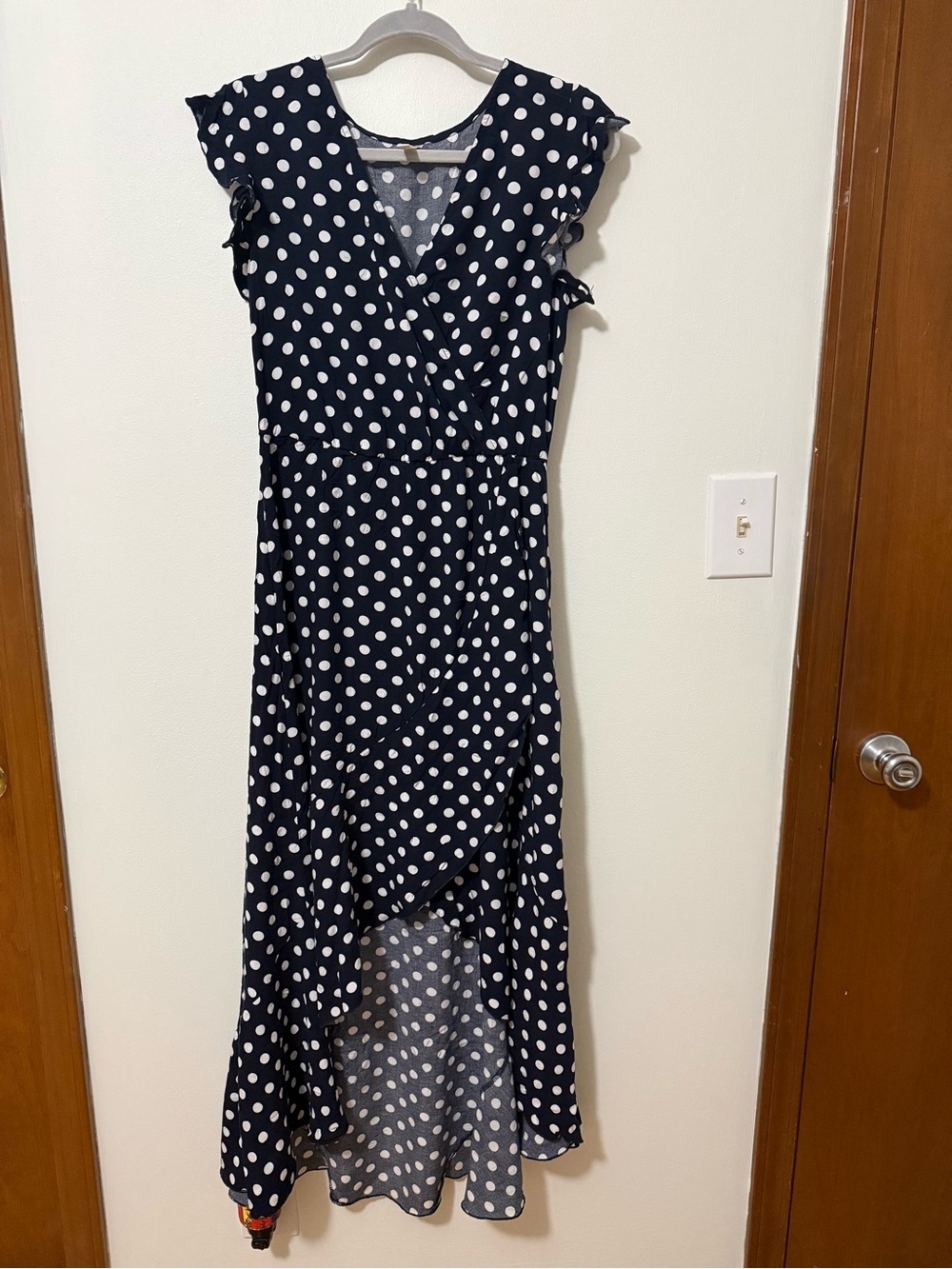 Navy Polka Dot High-Low Wrap Dress - Feminine Summer Style